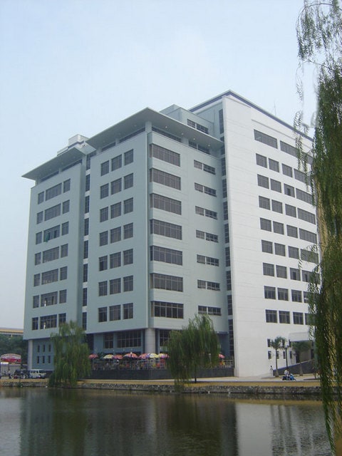 Hồ Tiền nhìn sang toà thư viện, mặt nước phẳng ở tiền cảnh và một cành liễu rủ bên phải khung hình.